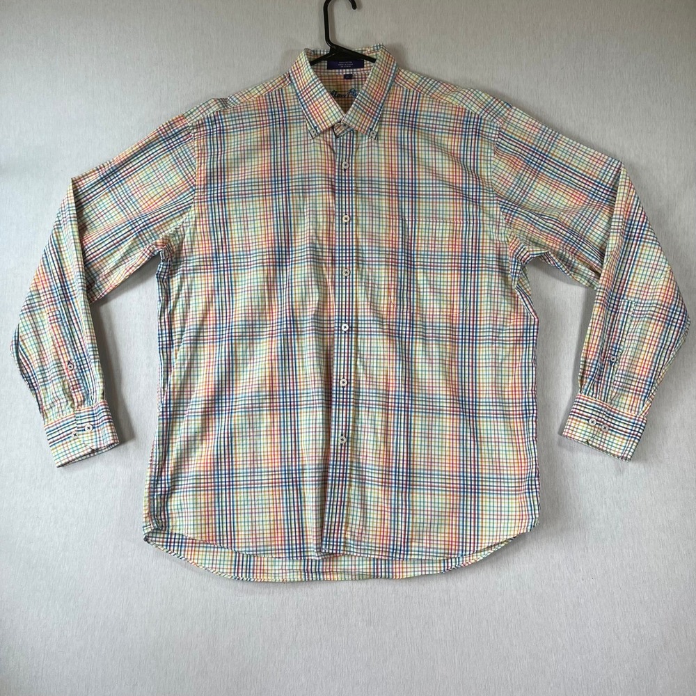 Alan Flusser Shirt Mens XL Rainbow Plaid Cotton Button Down Multi Color Long Sl